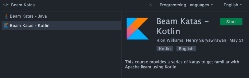 Access Beam Katas Kotlin through a JetBrains Educational Product